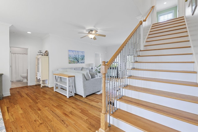 178 Cheshire Crossing Dr, Rock Spring, GA 30739 - stairs with a ceiling fan, wood finished floors, recessed lighting, and crown molding