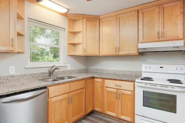 5229 Loblolly Ln, Ooltewah, TN 37363 - kitchen featuring white electric range, dishwasher, under cabinet range hood, open shelves, and light brown cabinetry