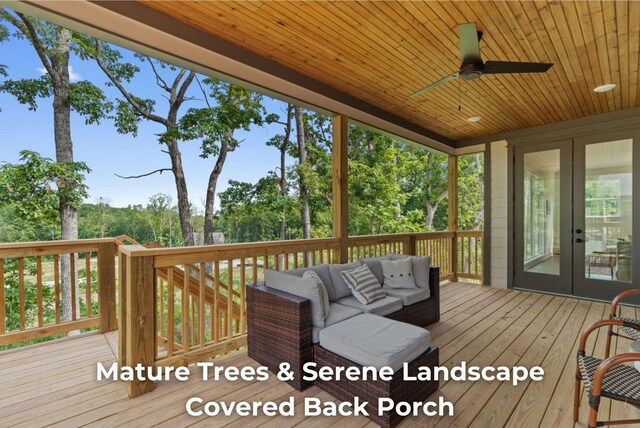 4707 Amethyst Rd Unit 891, Chattanooga, TN 37419 - wooden deck with an outdoor hangout area, french doors, ceiling fan, and view of wooded area