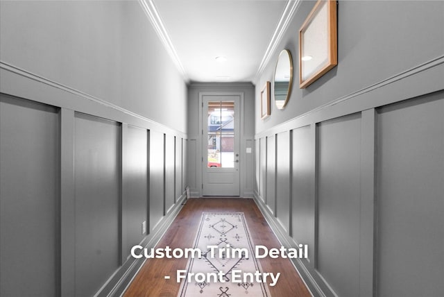 4707 Amethyst Rd Unit 891, Chattanooga, TN 37419 - doorway featuring a decorative wall, crown molding, dark wood-style floors, and wainscoting
