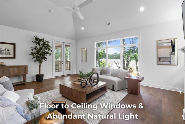4707 Amethyst Rd Unit 891, Chattanooga, TN 37419 - living room with recessed lighting, french doors, high vaulted ceiling, wood finished floors, and ceiling fan