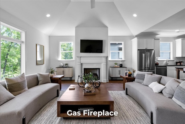 4707 Amethyst Rd Unit 891, Chattanooga, TN 37419 - living room with wood finished floors, vaulted ceiling, plenty of natural light, a fireplace, and recessed lighting