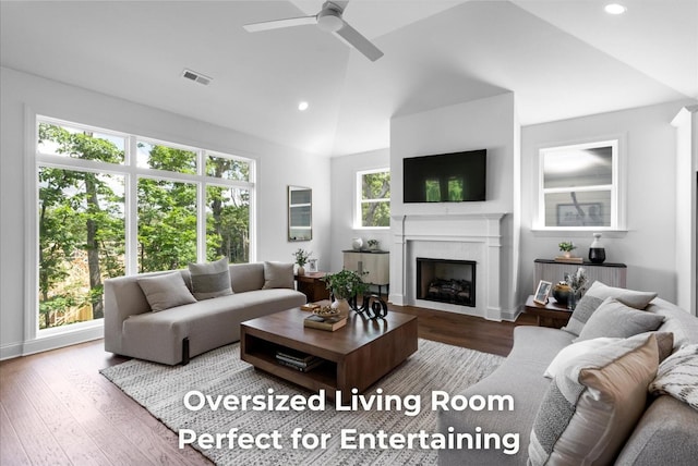 4707 Amethyst Rd Unit 891, Chattanooga, TN 37419 - living room featuring a fireplace, lofted ceiling, ceiling fan, wood finished floors, and recessed lighting