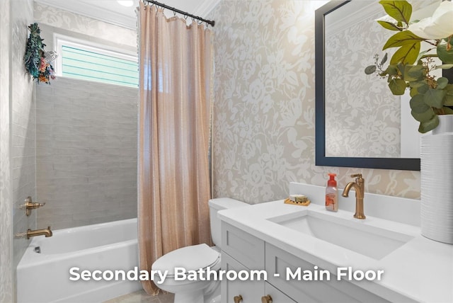4707 Amethyst Rd Unit 891, Chattanooga, TN 37419 - full bathroom featuring wallpapered walls, vanity, shower / bath combo with shower curtain, and crown molding