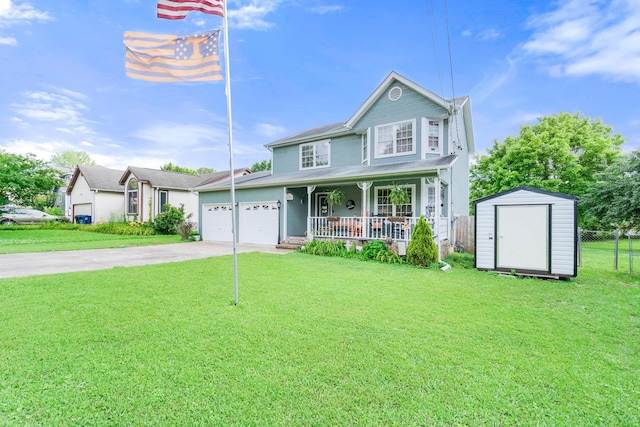 8202 Iris Rd, Chattanooga, TN 37421 - view of front of home featuring a porch, a storage shed, concrete driveway, and a garage