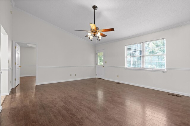 40 Castleview Ct, Ringgold, GA 30736 - spare room with a ceiling fan, wood finished floors, vaulted ceiling, crown molding, and a textured ceiling
