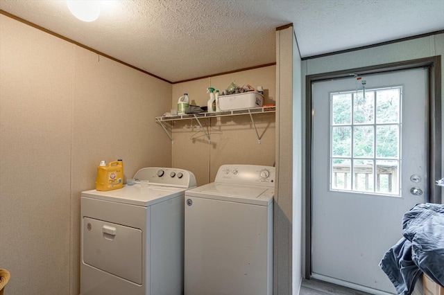4259 Keith Valley Rd, Cohutta, GA 30710 - laundry area featuring washer and clothes dryer, ornamental molding, and a textured ceiling