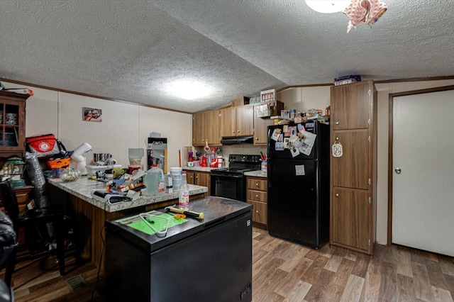 4259 Keith Valley Rd, Cohutta, GA 30710 - kitchen with black appliances, a peninsula, under cabinet range hood, light wood finished floors, and vaulted ceiling
