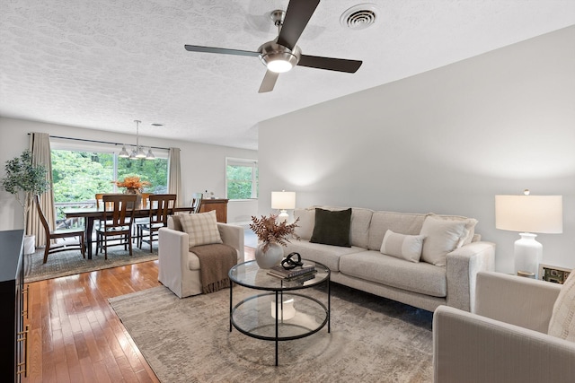28 Lynn Rd, Signal Mountain, TN 37377 - living area with wood-type flooring, a textured ceiling, and ceiling fan