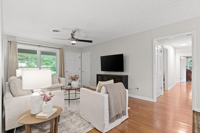 28 Lynn Rd, Signal Mountain, TN 37377 - living room featuring light wood finished floors, a ceiling fan, and a textured ceiling