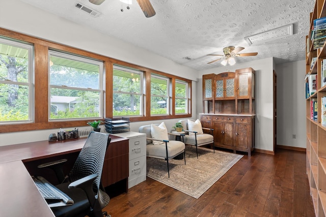 28 Lynn Rd, Signal Mountain, TN 37377 - office featuring a ceiling fan, healthy amount of natural light, dark wood-style floors, and a textured ceiling