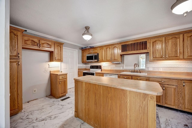 15 Moon Beam Cir, Rock Spring, GA 30739 - kitchen with range with electric cooktop, stainless steel microwave, light marble finish floors, crown molding, and light countertops