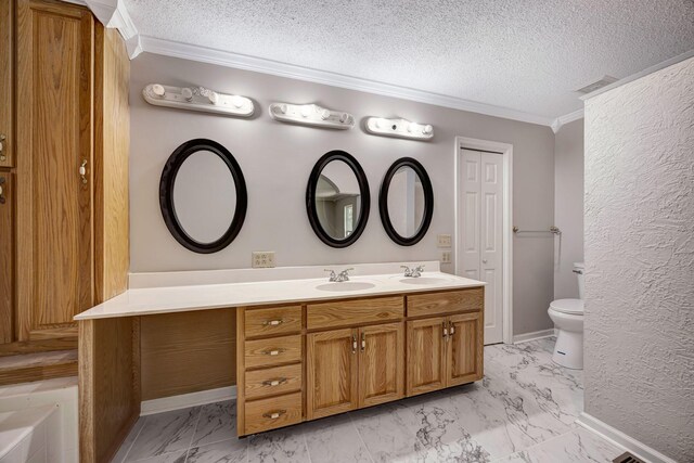 15 Moon Beam Cir, Rock Spring, GA 30739 - full bathroom with crown molding, marble look tile flooring, double vanity, a textured ceiling, and a tub to relax in