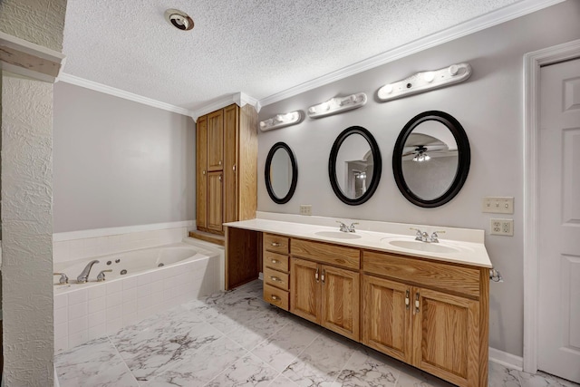 15 Moon Beam Cir, Rock Spring, GA 30739 - bathroom with crown molding, a textured ceiling, double vanity, marble finish floors, and a tub with jets