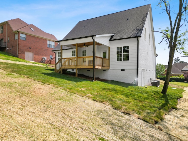 6821 Lakeshore Dr, Chattanooga, TN 37416 - rear view of house with ceiling fan, a shingled roof, a yard, a deck, and crawl space