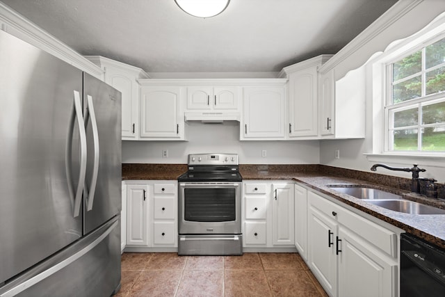 75 Sequoyah Trl, Ringgold, GA 30736 - kitchen featuring stainless steel appliances, white cabinets, under cabinet range hood, and light tile patterned floors