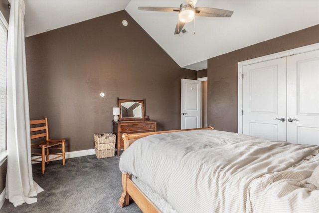 7918 Chianti Way, Chattanooga, TN 37421 - bedroom featuring dark colored carpet, a closet, high vaulted ceiling, and ceiling fan