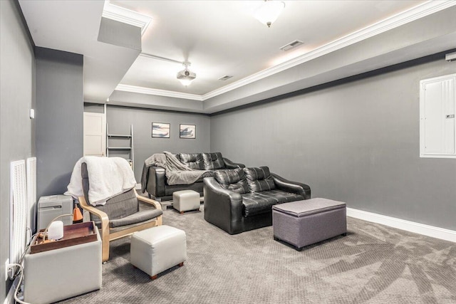 7918 Chianti Way, Chattanooga, TN 37421 - home theater featuring carpet, ornamental molding, a tray ceiling, and electric panel