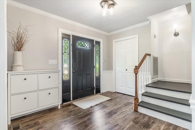 2416 Mourning Dove Ln, Signal Mountain, TN 37377 - foyer entrance featuring dark wood finished floors, ornamental molding, stairs, and wainscoting