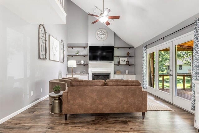 2416 Mourning Dove Ln, Signal Mountain, TN 37377 - living room featuring a ceiling fan, a fireplace, wood finished floors, and high vaulted ceiling