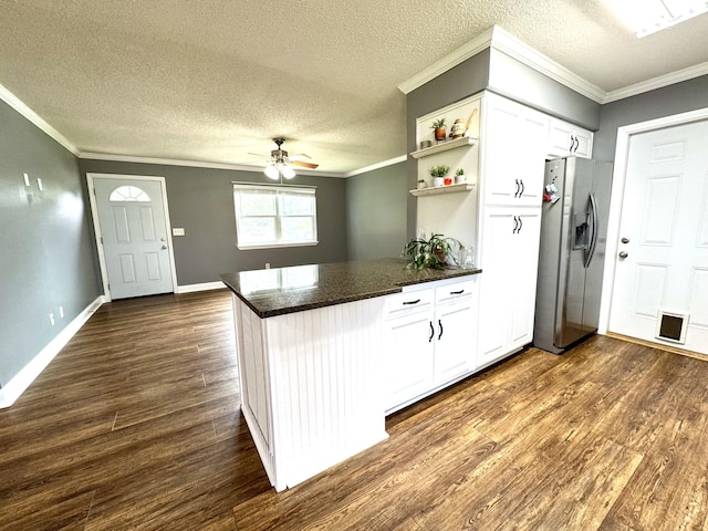 1828 Saunders Rd, Ringgold, GA 30736 - kitchen with stainless steel refrigerator with ice dispenser, dark wood-type flooring, a peninsula, open shelves, and white cabinets