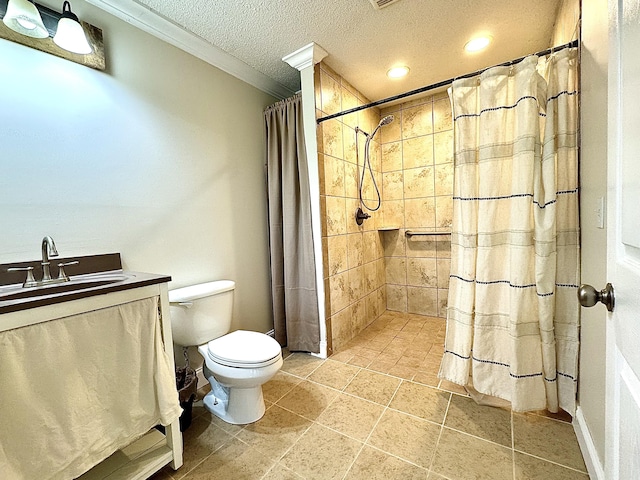 1828 Saunders Rd, Ringgold, GA 30736 - bathroom featuring crown molding, tiled shower, vanity, a textured ceiling, and recessed lighting