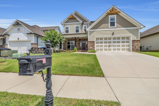 5644 Bungalow Cir, Hixson, TN 37343 - craftsman-style house featuring stone siding, a front yard, concrete driveway, and a garage