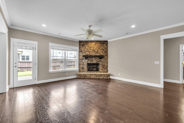 5644 Bungalow Cir, Hixson, TN 37343 - unfurnished living room featuring ceiling fan, ornamental molding, dark wood-style floors, a fireplace, and recessed lighting