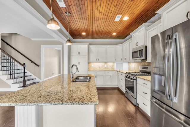 5644 Bungalow Cir, Hixson, TN 37343 - kitchen featuring appliances with stainless steel finishes, wooden ceiling, crown molding, white cabinets, and an island with sink