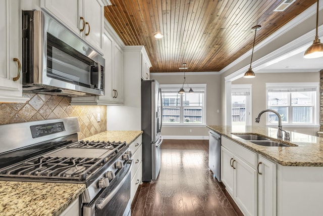 5644 Bungalow Cir, Hixson, TN 37343 - kitchen with appliances with stainless steel finishes, dark wood-type flooring, wooden ceiling, white cabinets, and decorative light fixtures