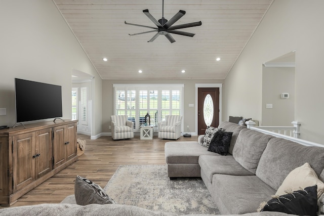 305 River Pointe Cir NE, Charleston, TN 37310 - living area with ceiling fan, light wood finished floors, recessed lighting, wooden ceiling, and high vaulted ceiling