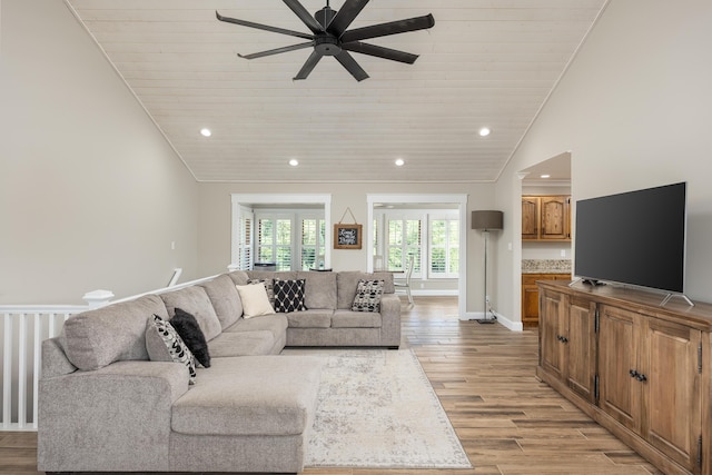 305 River Pointe Cir NE, Charleston, TN 37310 - living room with a ceiling fan, recessed lighting, light wood-type flooring, vaulted ceiling, and wooden ceiling