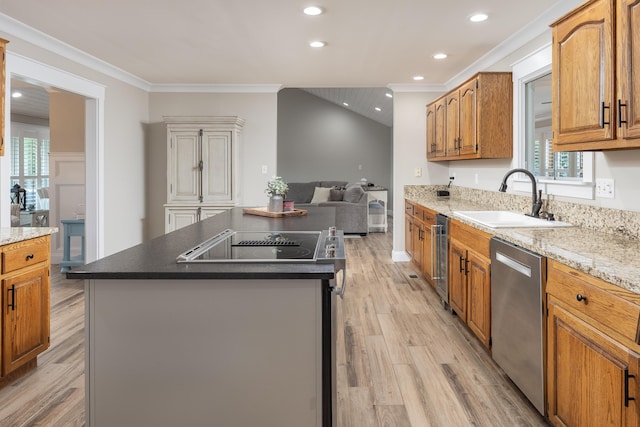305 River Pointe Cir NE, Charleston, TN 37310 - kitchen with stainless steel dishwasher, black electric cooktop, light wood finished floors, a kitchen island, and ornamental molding