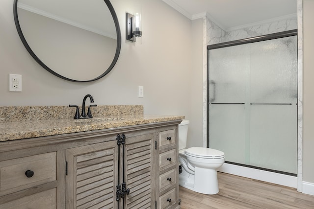 305 River Pointe Cir NE, Charleston, TN 37310 - full bathroom featuring ornamental molding, a stall shower, vanity, and wood finished floors