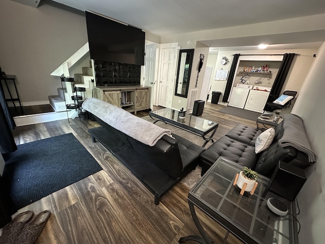 3420 Birchwood Dr, Chattanooga, TN 37406 - living area featuring washing machine and clothes dryer, stairway, and dark wood-style floors