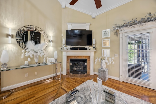 2507 Saint Lucie Ct, Chattanooga, TN 37421 - living area with ornamental molding, ceiling fan, wood finished floors, a fireplace, and vaulted ceiling