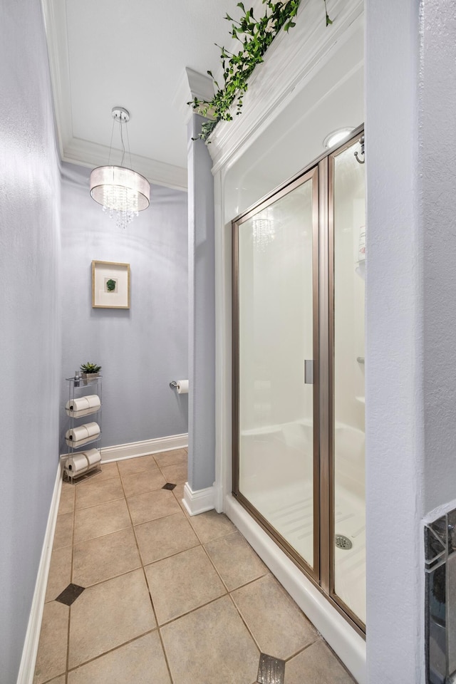 2507 Saint Lucie Ct, Chattanooga, TN 37421 - full bath with tile patterned flooring, a shower stall, ornamental molding, and a chandelier