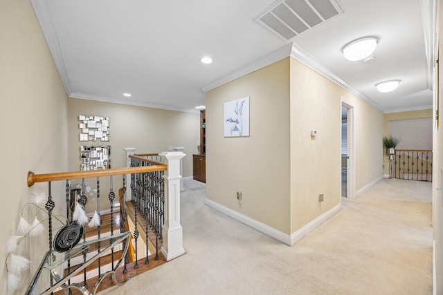 2507 Saint Lucie Ct, Chattanooga, TN 37421 - corridor with an upstairs landing, light carpet, ornamental molding, and recessed lighting