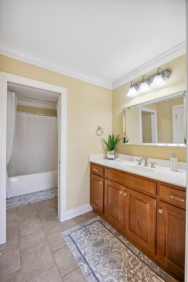 2507 Saint Lucie Ct, Chattanooga, TN 37421 - bathroom with vanity, ornamental molding, tile patterned floors, and shower / bath combination with curtain