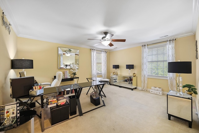 2507 Saint Lucie Ct, Chattanooga, TN 37421 - home office featuring crown molding, a ceiling fan, healthy amount of natural light, and carpet floors