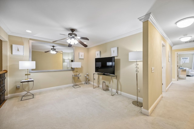 2507 Saint Lucie Ct, Chattanooga, TN 37421 - living area featuring crown molding, carpet flooring, a ceiling fan, and recessed lighting