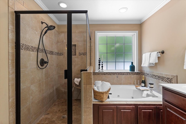 9129 Wood Dale Ln, Hixson, TN 37343 - full bath featuring a jetted tub, a shower stall, vanity, and ornamental molding