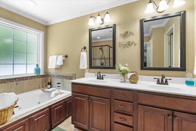 9129 Wood Dale Ln, Hixson, TN 37343 - bathroom featuring a stall shower, double vanity, a tub with jets, and crown molding