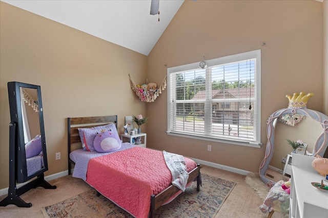 9129 Wood Dale Ln, Hixson, TN 37343 - bedroom with carpet flooring, a ceiling fan, and high vaulted ceiling