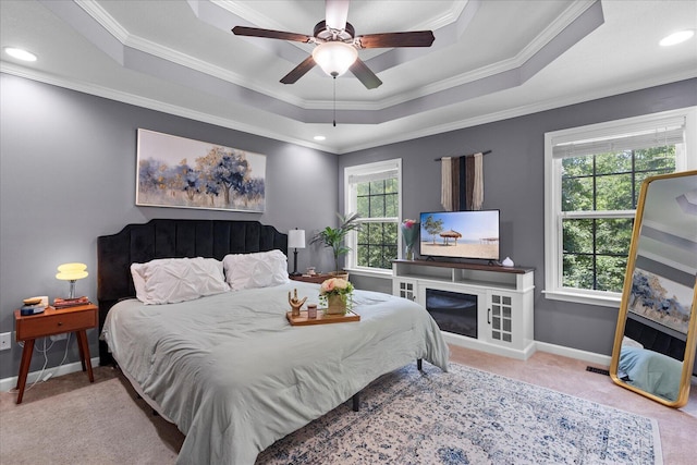 9129 Wood Dale Ln, Hixson, TN 37343 - bedroom with a tray ceiling, carpet, crown molding, ceiling fan, and recessed lighting