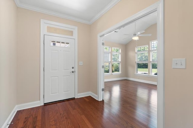 9624 Collier Pl, Ooltewah, TN 37363 - entrance foyer featuring dark wood-type flooring, a ceiling fan, crown molding, and vaulted ceiling