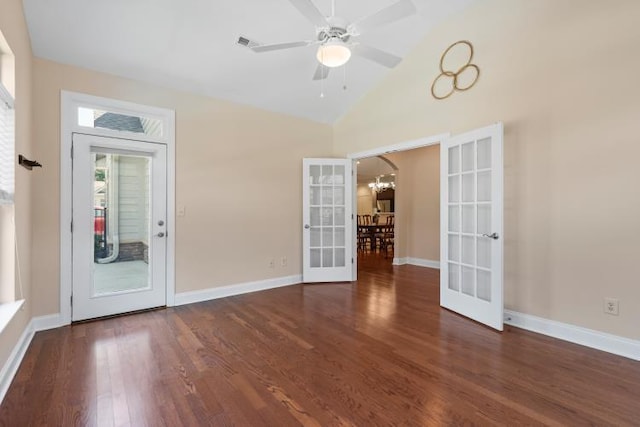9624 Collier Pl, Ooltewah, TN 37363 - spare room with french doors, wood finished floors, a chandelier, ceiling fan, and high vaulted ceiling