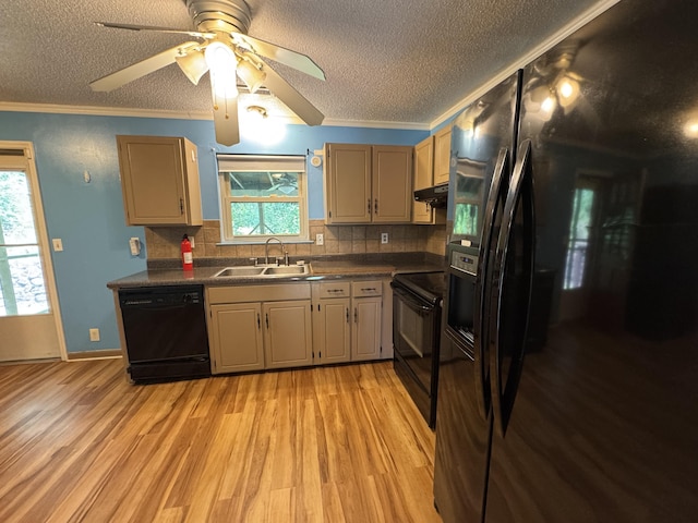 311 Branch Dr, Hixson, TN 37343 - kitchen featuring black appliances, dark countertops, light wood-style floors, a textured ceiling, and ornamental molding
