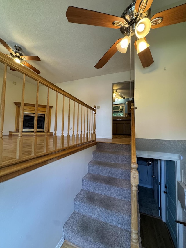 311 Branch Dr, Hixson, TN 37343 - staircase featuring ceiling fan, wood finished floors, and a textured ceiling