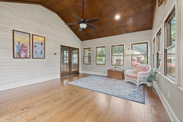 157 Park Ave, Trion, GA 30753 - living area with french doors, wood ceiling, plenty of natural light, ceiling fan, and wooden walls